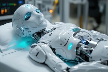 Poster - A futuristic robot undergoing examination in a high-tech medical facility at night