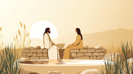 Wall Mural - A minimalist illustration of jesus with the samaritan woman at the well of jacob, showcasing simple and clean lines to create a serene atmosphere, with a focus on the interaction. Serene. Illustration