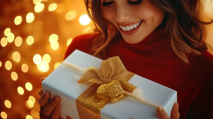 Poster - Smiling Woman Holding Gift Wrapped in Gold Ribbon with Festive Bokeh Background : Generative AI