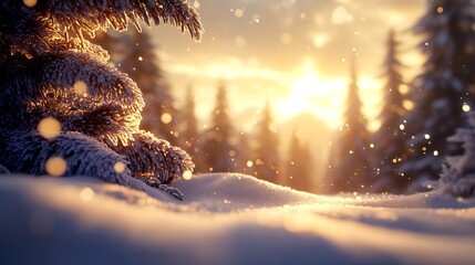 Aufkleber - Serene Snowy Forest at Sunrise with Glowing Golden Light : Generative AI