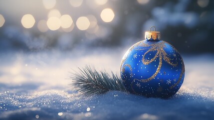 Aufkleber - Festive Blue Christmas Ornament with Golden Bow Resting on Snowy Pine Accent : Generative AI