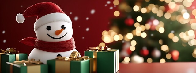 Poster - Festive Snowman with Christmas Tree and Gifts in a Warm Cozy Holiday Setting : Generative AI
