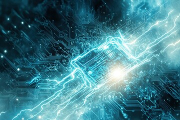 Fototapete - Abstract representation of a glowing circuit board amid swirling blue energy in a digital landscape
