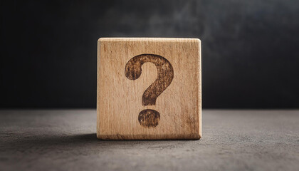Fototapete - Wooden block with question mark. FAQ and QA. Problem solution. Wood cube. Dark backdrop.