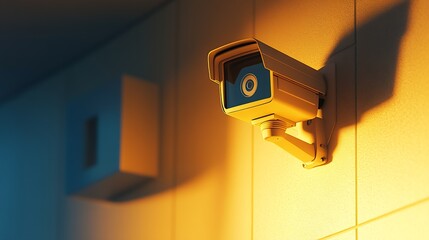 Poster - Modern CCTV Security Camera Installed on Vibrant Textured Wall at Sunset : Generative AI