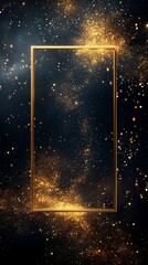 large gold rectangular frame on the right side of an empty black background with glitter and sparkle