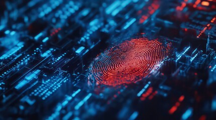 Poster - A glowing red fingerprint on a futuristic circuit board with blue and red lights.