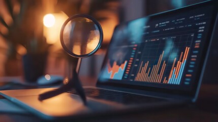 Poster - Financial charts and graphs under a magnifying glass with a laptop, symbolizing data analysis, business strategy, and financial research, ideal for business, finance, and analytics content