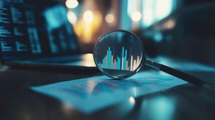Poster - Financial charts and graphs under a magnifying glass with a laptop, symbolizing data analysis, business strategy, and financial research, ideal for business, finance, and analytics content