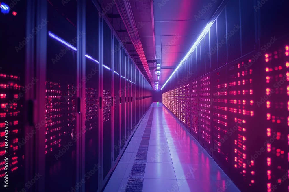 Cutting-Edge Data Center Corridor with Illuminated Server Racks for Technology Design