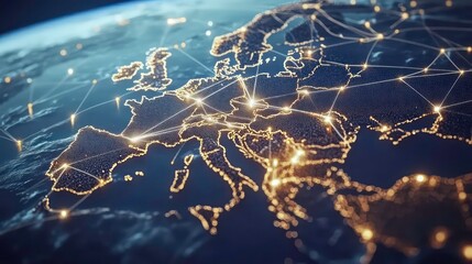 Poster - European telecommunication network connected over Europe, France, Germany, UK, Italy, concept about internet and global communication technology for finance, blockchain or IoT
