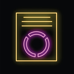 Poster - Glowing neon sign representing a document with a pie chart on a black background