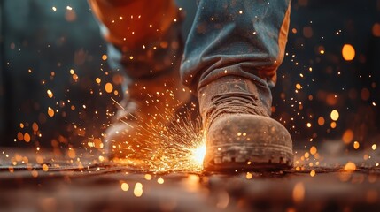 A close-up of rugged work boots as they create sparks on a metal surface, highlighting the toughness and resilience in an industrial work setting.