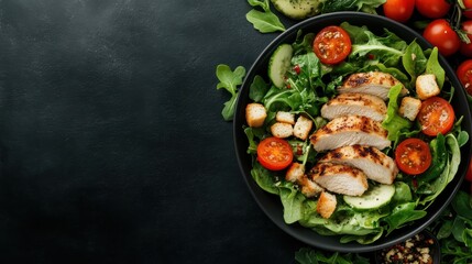 Wall Mural - A green salad, artfully arranged with grilled chicken, crunchy croutons, and fresh cucumber slices, served on a black plate, ideal for healthy gourmet cuisine.