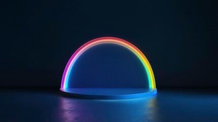 Poster - A white, round podium with a neon rainbow arch above it against a dark blue background.