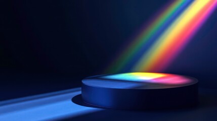 Poster - Empty navy display podium with rainbow light ray and reflections on minimal dark blue navy background, show stage pedestal for miracle, fantasy successful product curation and display, with copy space