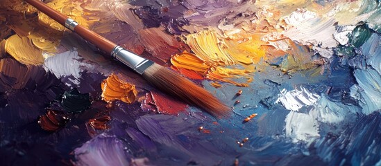 Poster - A blend of various mediums including oil paint and foam on a palette accompanied by a paintbrush for artistic expression