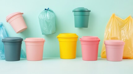 Aufkleber - Colorful reusable containers are displayed against a backdrop of single-use plastic bags and cups, highlighting waste reduction efforts. Generative AI