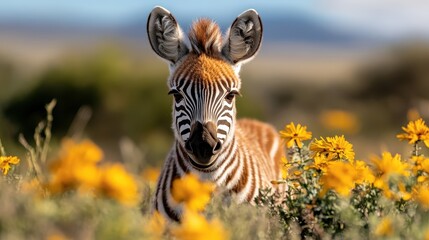 Wall Mural - a zebra stands amidst vibrant yellow flowers under a clear sky, looking curiously at the viewer, sho