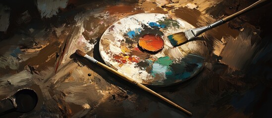Poster - A blend of various mediums including oil paint and foam on a palette accompanied by a paintbrush for artistic expression