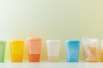 Aufkleber - A collection of colorful reusable containers set against a backdrop of single-use plastic bags and cups emphasizing environmental impact. Generative AI