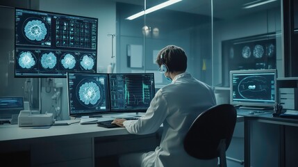 Poster - Doctor use computer AI technology support to enhance diagnostic accuracy, streamline workflows, and improve overall patient care through advanced medical.