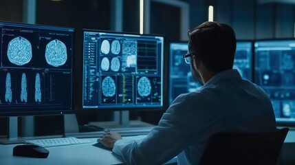 Poster - A scientist in a lab coat sits at a computer analyzing MRI scans of the brain.
