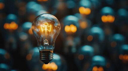 Wall Mural - a single glowing light bulb stands out from a background of blurred light bulbs, symbolizing a uniqu
