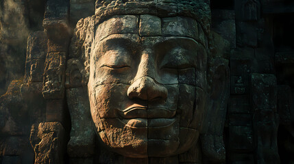 Wall Mural - Close-up of weathered stone buddha face carved into temple wall. ancient stone sculpture with serene expression. Mysticism. Illustration