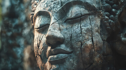 Wall Mural - Close-up of weathered stone buddha face carved into temple wall. ancient stone sculpture with serene expression. Mysticism. Illustration
