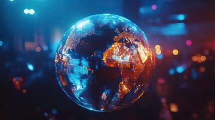 Wall Mural - disco ball as a planet earth. nightlife and urbanization in major cities around the world, where par