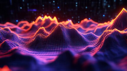Poster - Digital Landscape of Glowing Wireframe Mountains