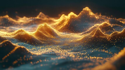 Poster - Digital Landscape of Glowing Wireframe Mountains
