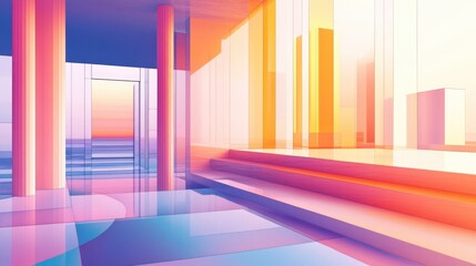 Poster - Line art illustration of an abstract architectural interior featuring a gradient geometric glass sculpture rendered in 3D