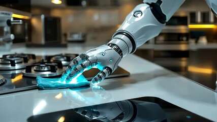 Poster - A robotic hand cleaning a stovetop in a modern kitchen during daylight hours