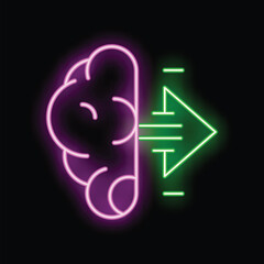 Poster - Neon style icon of a brain uploading data with a green arrow on a black background