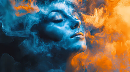 Wall Mural - A surreal portrait blending vibrant blue and orange smoke with a serene face, evoking a sense of mysticism and tranquility. Mysticism. Illustration