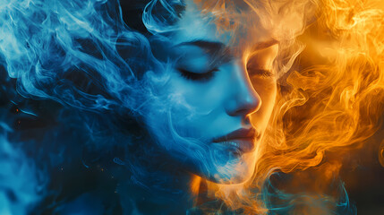 Wall Mural - A surreal portrait blending vibrant blue and orange smoke with a serene face, evoking a sense of mysticism and tranquility. Mysticism. Illustration