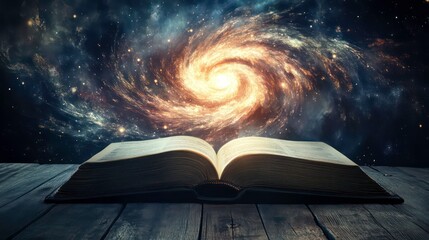 Wall Mural - an open book with a swirling galaxy emitting from its pages.
