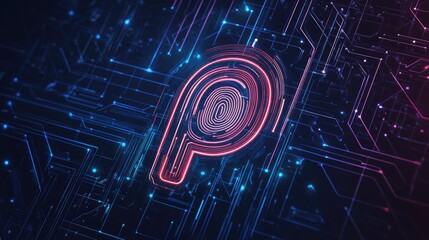 Fototapete - Line art illustration of an abstract technology background showcasing a security system concept with a fingerprint integrated into the letter P