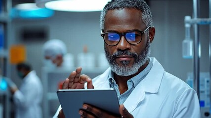 Poster - Focused scientist analyzing research data in a laboratory during evening hours