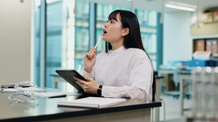 Poster - lab, thinking and japanese woman with tablet, ideas or studying at medical college for education. sc
