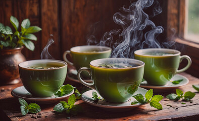 Aufkleber - Four green cups of tea with steam coming out of them