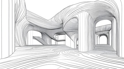 Line art illustration depicting abstract three dimensional architectural design