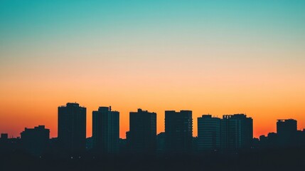 Poster - Tall buildings create striking silhouettes as the sky transitions to warm hues during a beautiful sunset in the city. Generative AI