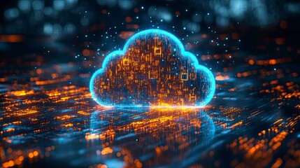 Poster - A glowing blue cloud shape sits over a digital landscape of orange and blue lights.  A futuristic concept of technology. .