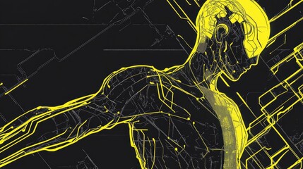 Aufkleber - Line art illustration showcasing an abstract futuristic background enhanced with yellow neon light accents
