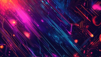 Poster - Line art illustration featuring an abstract vibrant background with a futuristic technology collage design