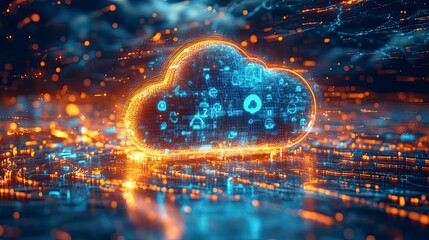 Poster - A glowing digital cloud sits on an abstract grid with bright orange and blue hues.