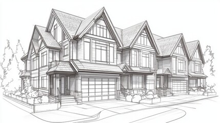 Poster - line art illustration showcasing townhouse architecture in a 3d rendering style
